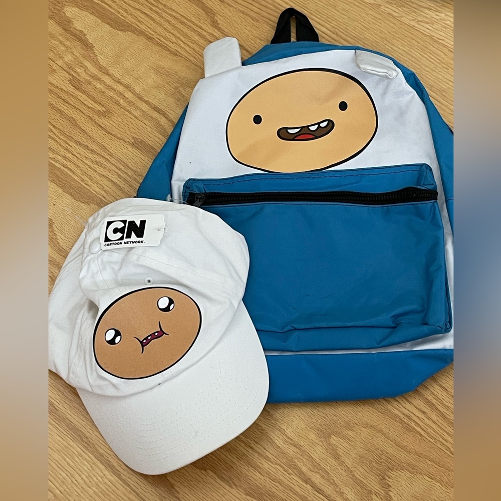 Cartoon Network Finn Blue & White Kids Backpack with Matching Cap